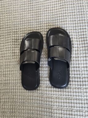 COS Black Leather Woven-Style Slide Sandals